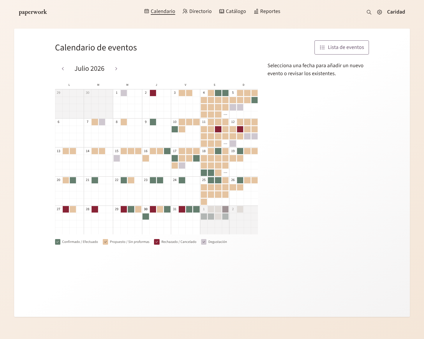 El calendario de Paperwork con eventos en varios estados