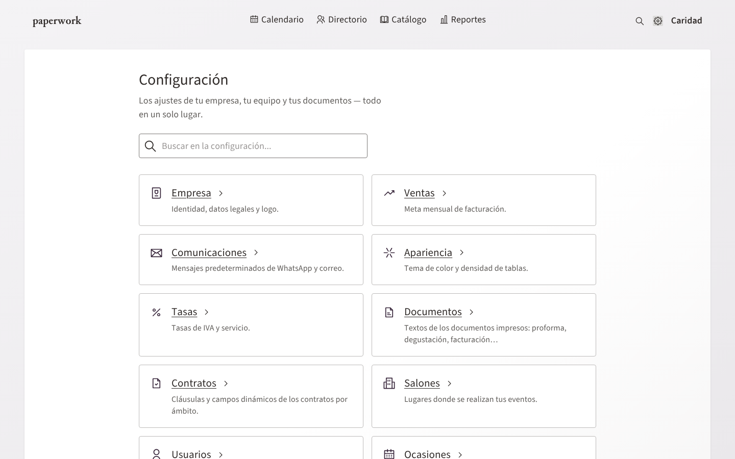 La portada de la Configuración: buscador y tarjetas