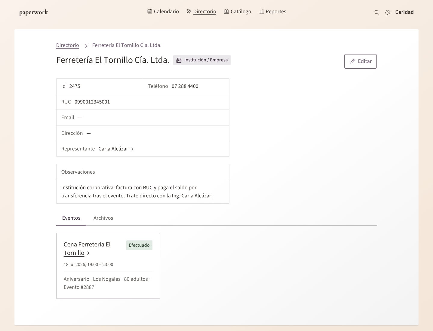 La página de un cliente institución, con su representante, sus observaciones y sus eventos