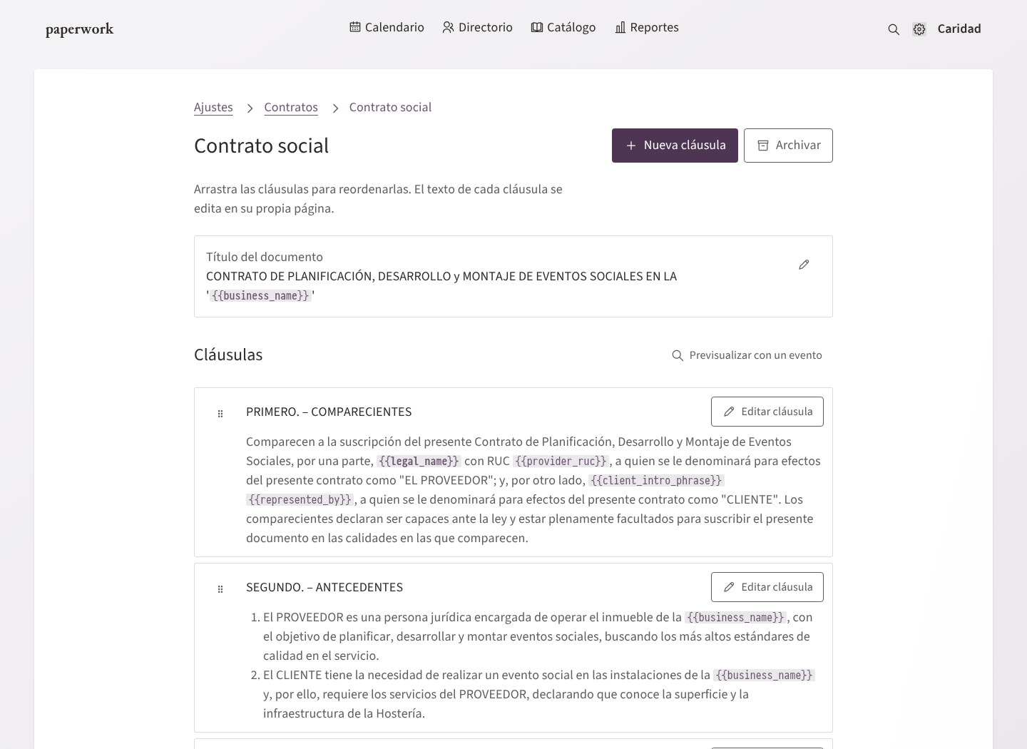 El Contrato social: título del documento y cláusulas numeradas con campos dinámicos