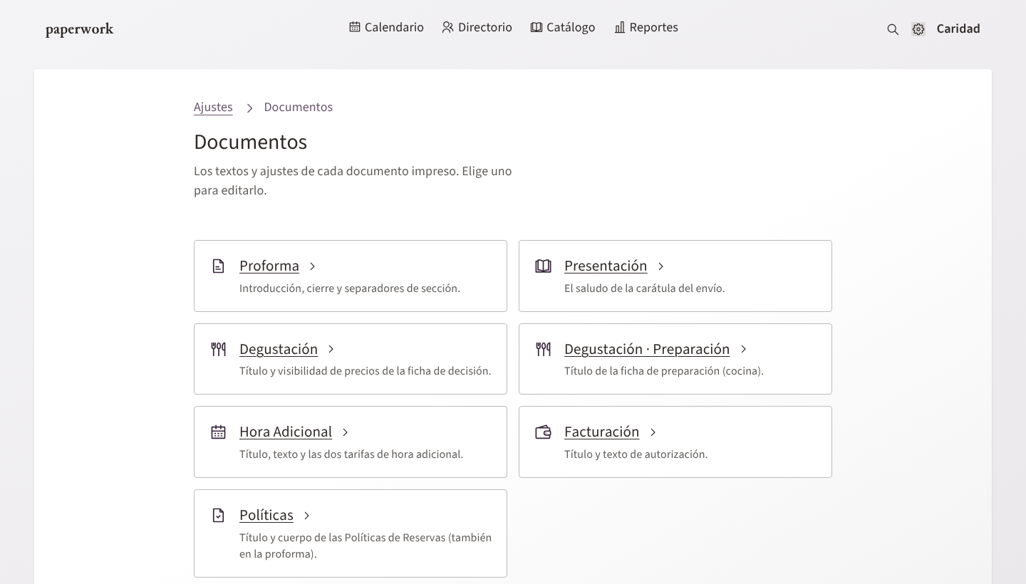El índice de Documentos: los siete documentos imprimibles configurables