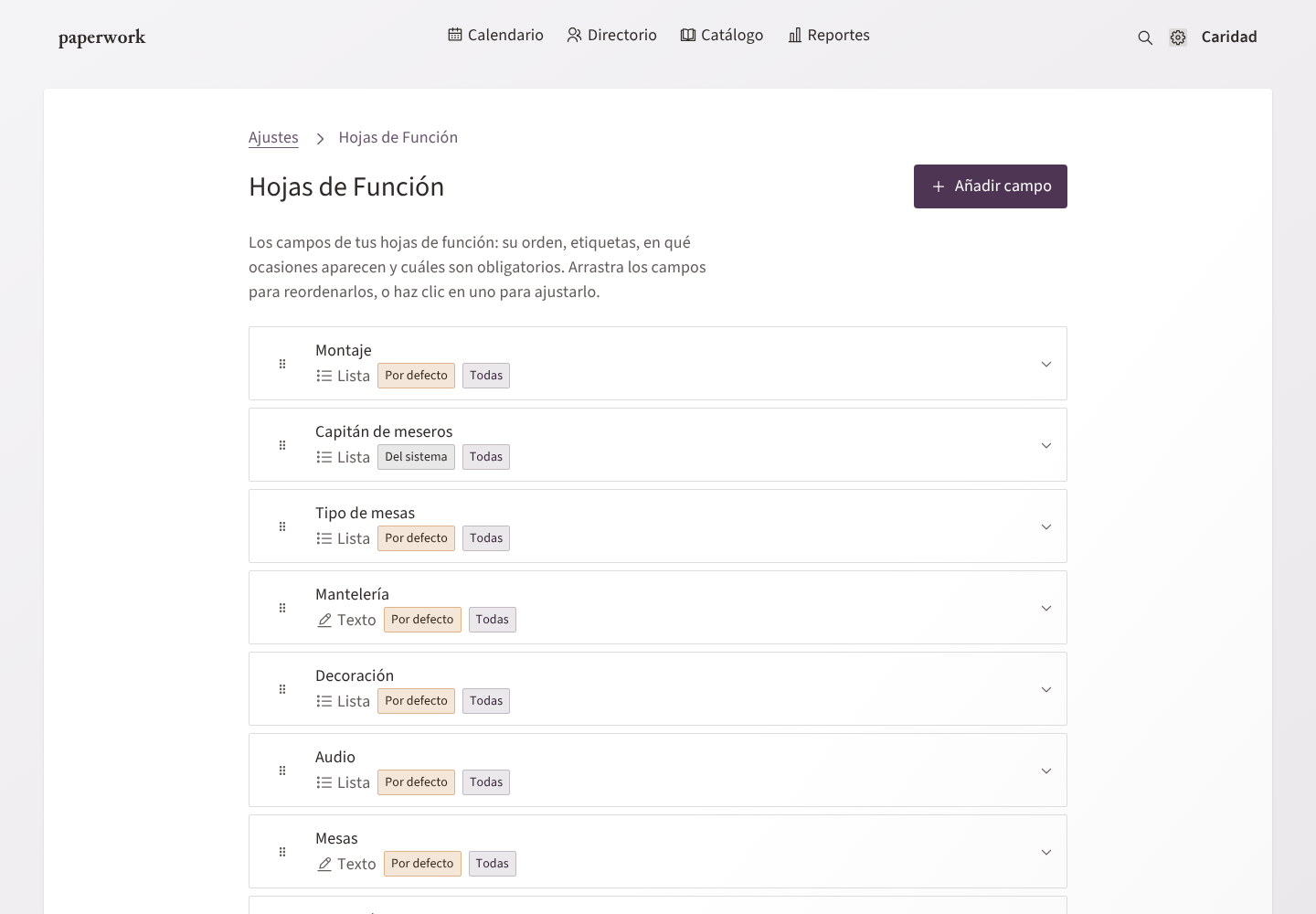 La configuración de Hojas de Función: campos arrastrables con su tipo y sus ocasiones
