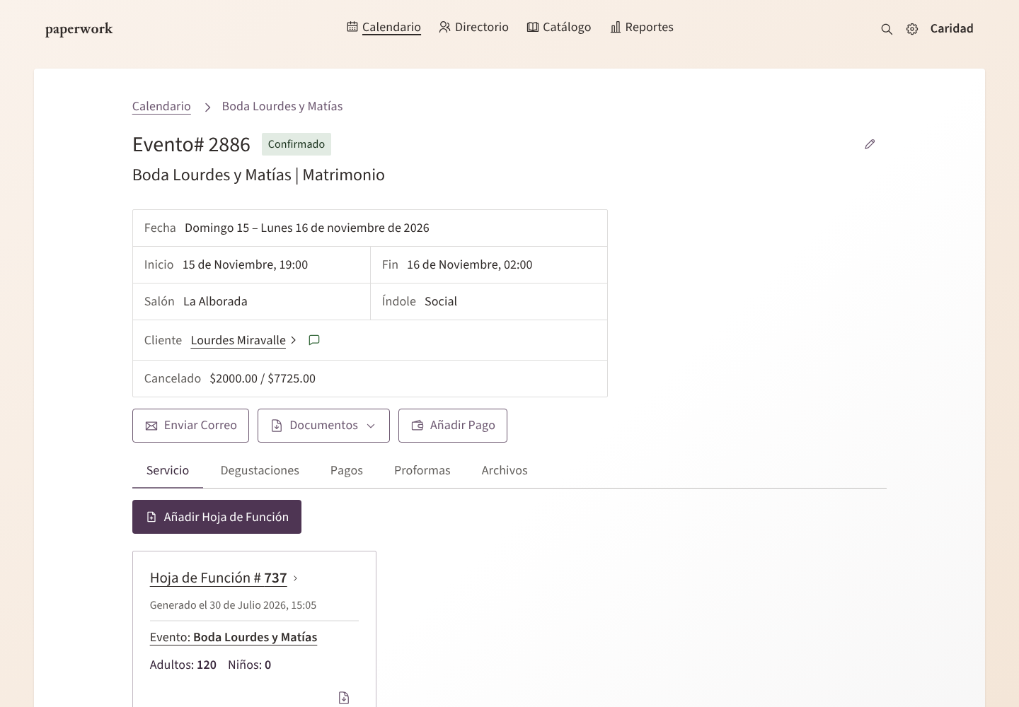 La página de un evento confirmado, con sus pestañas y la liquidación