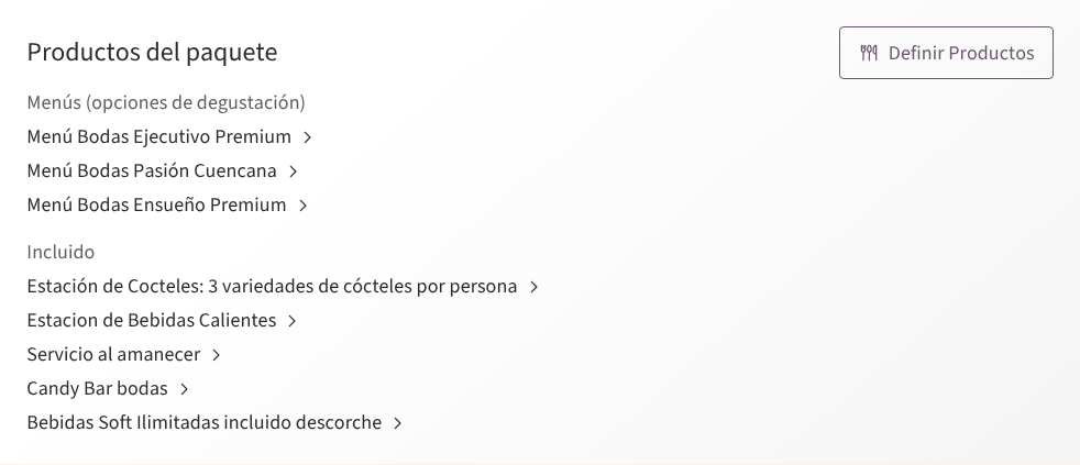 La página de un paquete: sus menús como opciones de degustación y lo incluido
