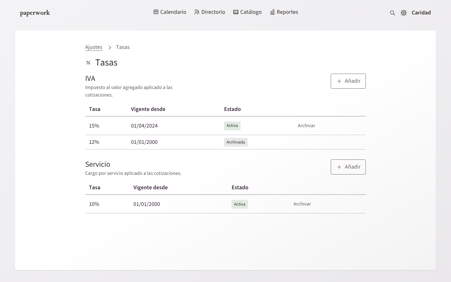 La página de Tasas de la Configuración: IVA y Servicio con sus fechas de vigencia