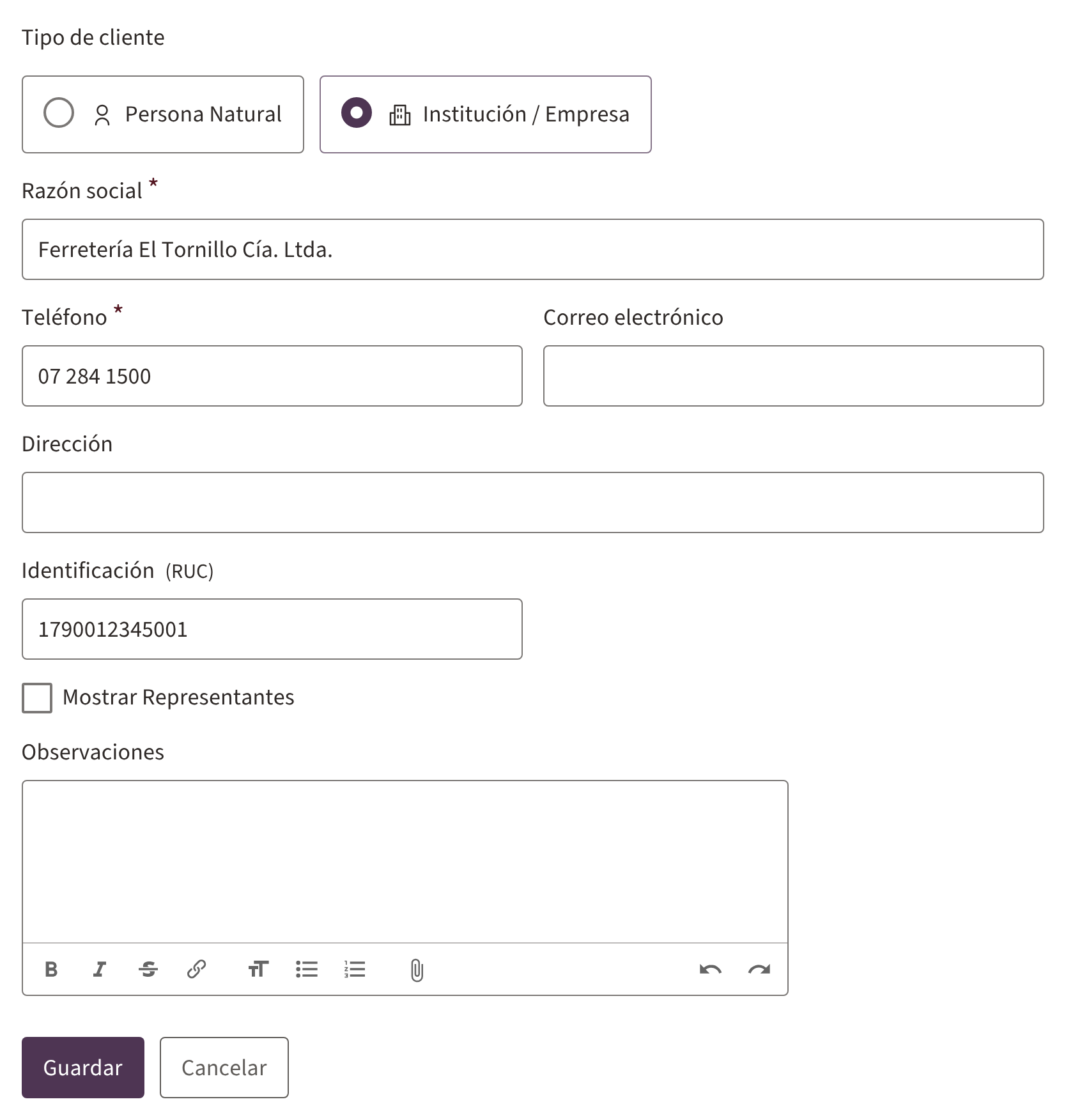 El formulario de cliente, tipo Institución / Empresa