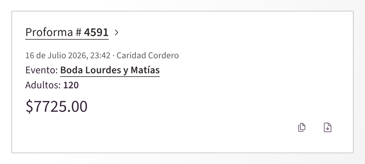 La tarjeta de una proforma, con los botones de duplicar y descargar
