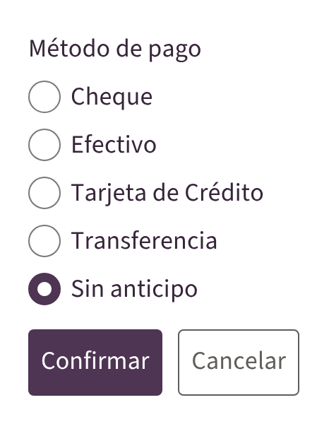 El diálogo de confirmación con la opción Sin anticipo elegida