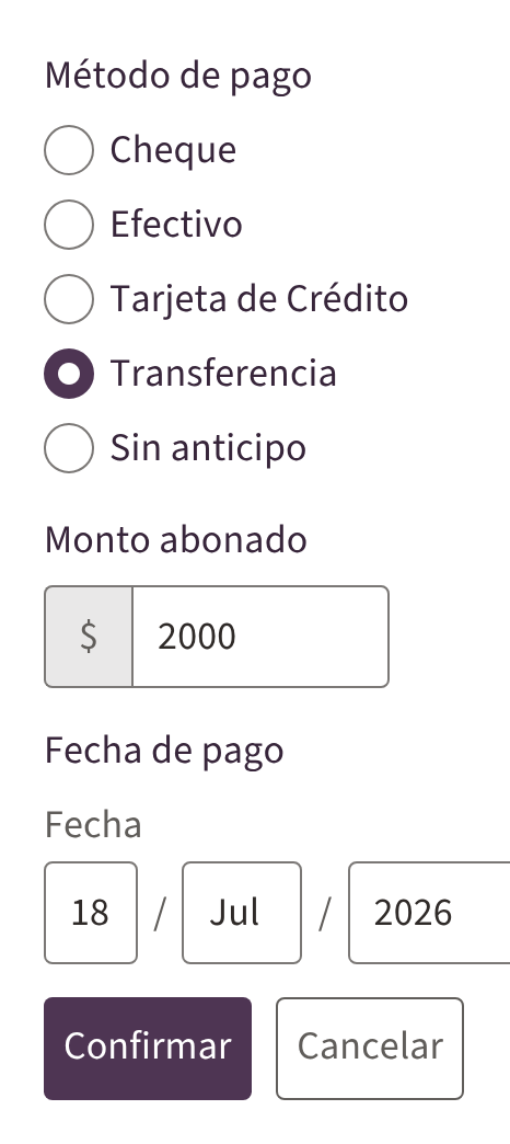 El registro del anticipo de la boda: transferencia, monto y fecha