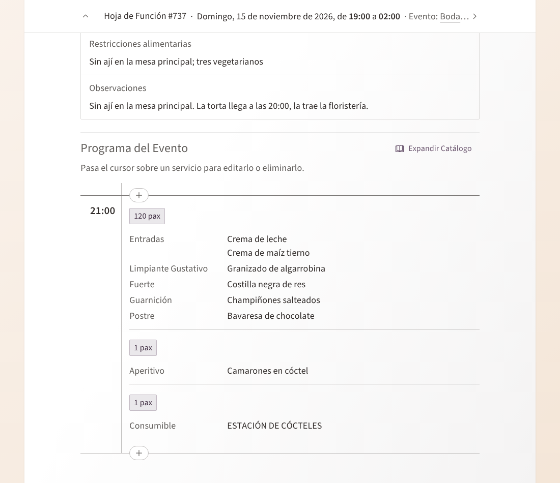 El programa de la boda, prellenado desde la degustación